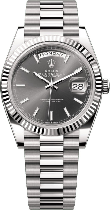 Rolex Day-Date 40 40mm White Gold Slate Dial Fluted Bezel President Bracelet - 228239 | 2024 Model